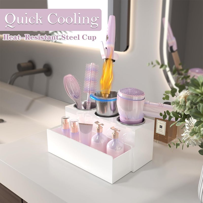 PITBVO Hair Tool Organizer, Acrylic Hot Hair Styling Tool Organizer with 3 Cups, Hair Dryer Holder for Bathroom Organization Bedroom Vanity Countertop Caddy Storage Curling Iron Stand (Glossy White) - Image 5